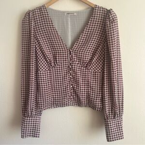 🤎 Glamorous Retro Geometric Checked Milkmaid Blouse - Puffed Sleeve Size 4 🤎